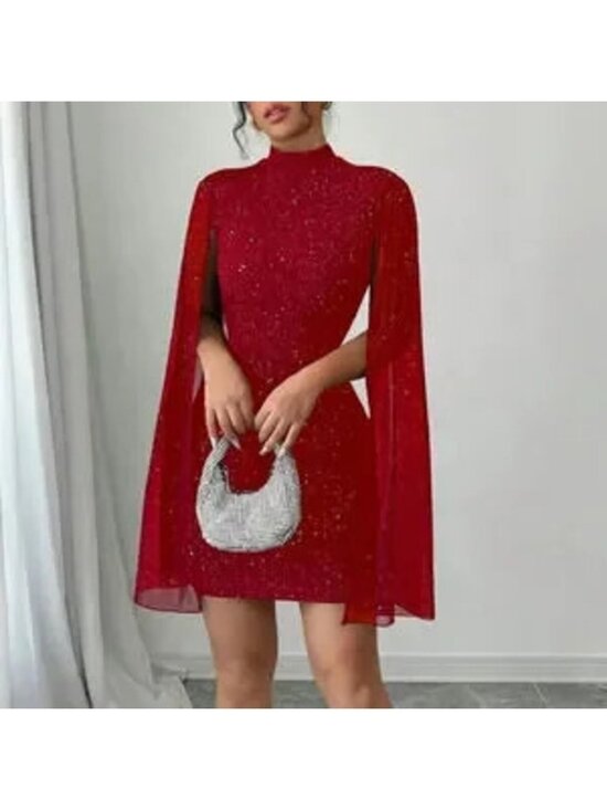 Dresses & Skirts - Red Party Women's Fitted Short Casual Mock Neck Flared Sleeve Bodycon Dress